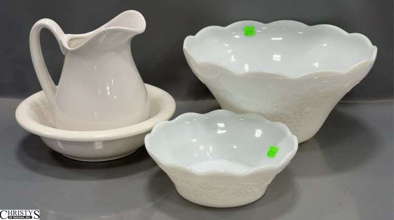 Milk Glass Punch Bowl Harvest Grape Pattern 12" Round X 6 1/2" Tall,  a Small Milk Glass Bowl 8 1/2" Round X 3" Tall and a White Pitcher and Bowl Set image