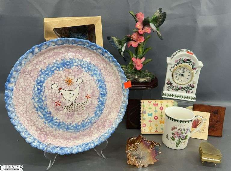 Portmerion Clock and Mug, Hummingbird Figurine, Dishes, Misc Decor - 10" of tallest image