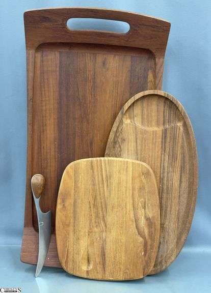 Dansk Teak Serving Tray, Cutting/Appetizer Boards and Knife - 24" x 13.5" of tray image