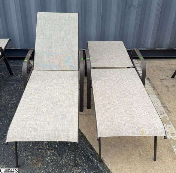 2 Adjustable Patio Outdoor Loungers - 24" W x 66" L x 40" as sits, some scuffing/wear from use image