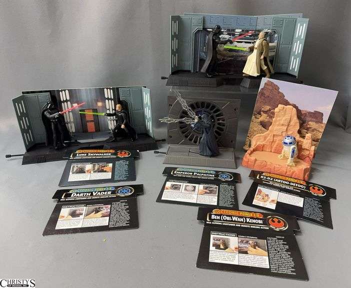 Electronic Power FX, Star Wars R2-D2, Ben(Obi-Wan) Kenobi, Luke Skywalker, Darth Vader (One figure is Damaged) Emperor Palpatine With Dark Side Energy Bolts and Remote Actions Has Info Cards But Missing Boxes image