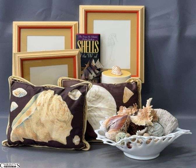3 Seashell Embossed Prints, Seashells Motif Pillows, Lidded Box, Assorted Seashells in Glass Bowl - 11.5" x 10" of each frame image