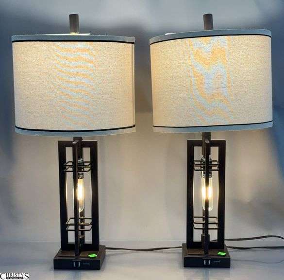 Pair of Edison Bulb Modern Table Lamps With USB Ports 27" Tall image