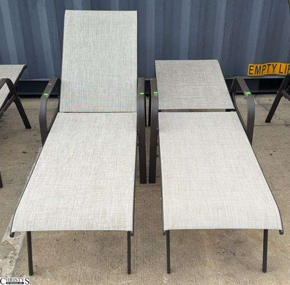 2 Adjustable Patio Outdoor Loungers - 24" W x 66" L x 40" as sits, some scuffing/wear from use image