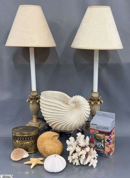 Pineapple Table Lamps, Large Shell Bowl, Bathroom Accessories, Candle, Coral image