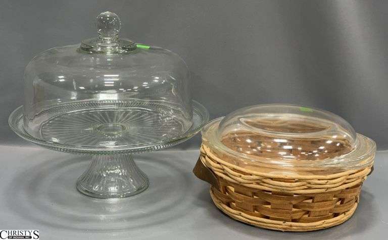 2 Qt. Pyrex Baking Dish with Lid and Holder, and a Clear Glass Cake Stand with Lid image
