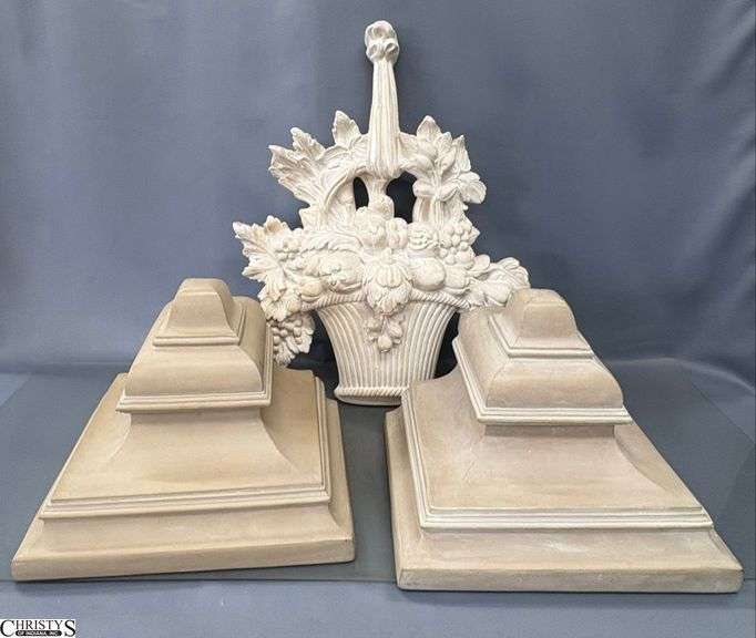 Pair Heavy Plaster Wall Sconce Shelves and Floral Basket Wall Hanging - 13" x 10.5" x 9" of each shelf image