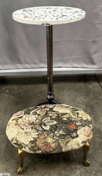 Faux Stone Top Side Table and Small Metal Leg Foot Stool - 14.5" x 26" - some edge damage image