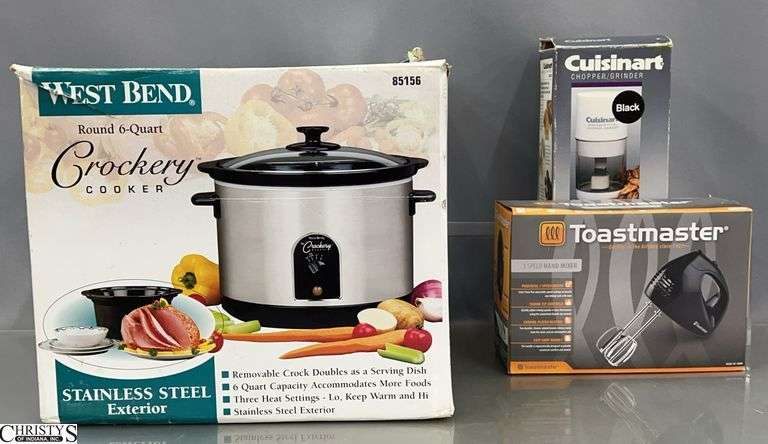 West Bend Round 6 Quart Slow Cooker, Cusinart Grinder, Toastmaster Hand Mixer image