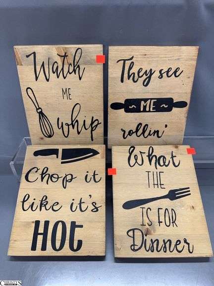 4 Kitchen Related Wood Decor Signs - 8" x 10" of each image