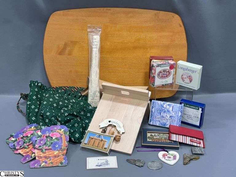 Longaberger Miscellaneous Items- Tie ons, 5 Liners, Longaberger Note Pad, Change Purse, Basket Brush, Deck of Cards and a 19" X 12 3/4" Wooden Lid image