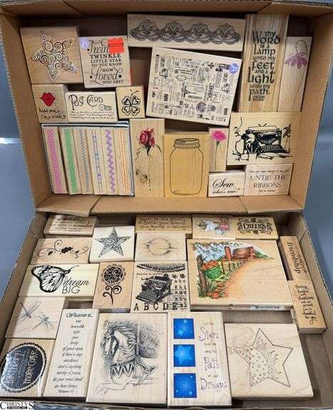 39 Wood Mounted Rubber Stamps, Various Themes, Paris, Journaling, Typewriters, Butterflies, Line Patterns, Phrases image