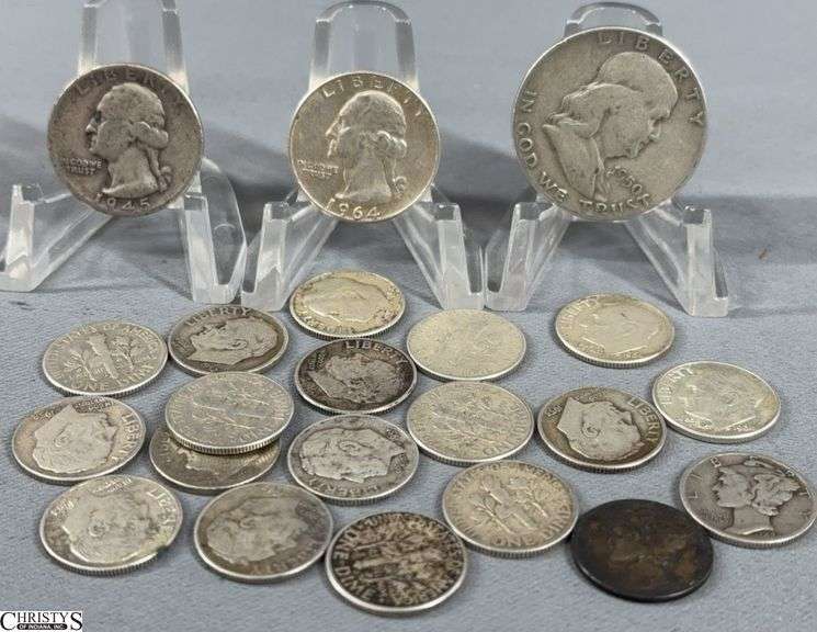A Group of Silver Coins- 1950 Franklin Half Dollar, 1945 & 1964 Washington Quarters, 1939 & 1943 Mercury Dimes and 17 Silver Roosevelt Dimes, image