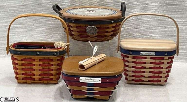 4 Longaberger Inaugural Baskets with Protectors (2 have liners as well).  Two 2001, 2004 & 2017 image