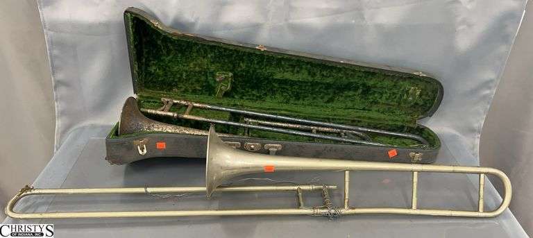 2 Vintage Trombone Instruments - Show heavy oxidation, wear - 46" of largest image