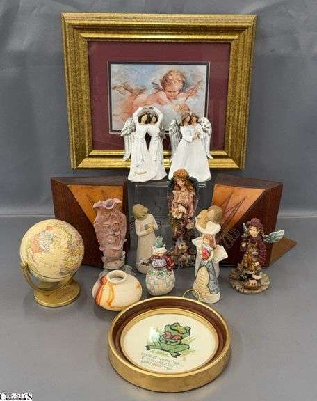 Assorted Angel Figurines Boyds Bears , Willow Tree, Framed Prints, Bookends, Jim Shore Ornament, Small Globe, Misc - 13" x 11 image