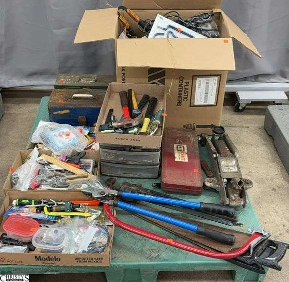Skid of Hand Tools, Tools Boxes, Saws, Hand Pruners, Floor Jack, Misc - SKID NOT INCLUDED image