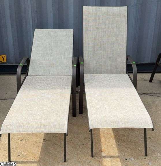 2 Adjustable Patio Outdoor Loungers - 24" W x 66" L x 40" as sits, some scuffing/wear from use image