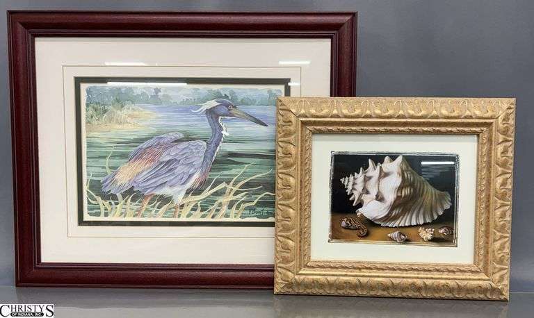 2Framed Decorative Prints - Heron and Seashells - 20.5" x 16.5" of largest image