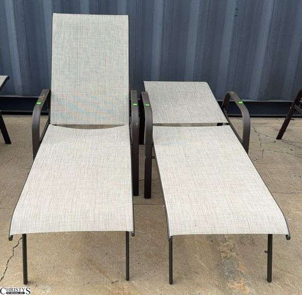 2 Adjustable Patio Outdoor Loungers - 24" W x 66" L x 40" as sits, some scuffing/wear from use image