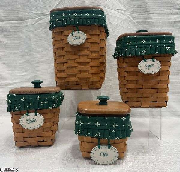 4 Longaberger Baskets with Lids, Liners, Tie Ons and Protectors.  Includes 1997 Teaspoon, 1994 Medium Spoon, 1994 Spoon/Utensil Basket and a 1997 Mini Waste image