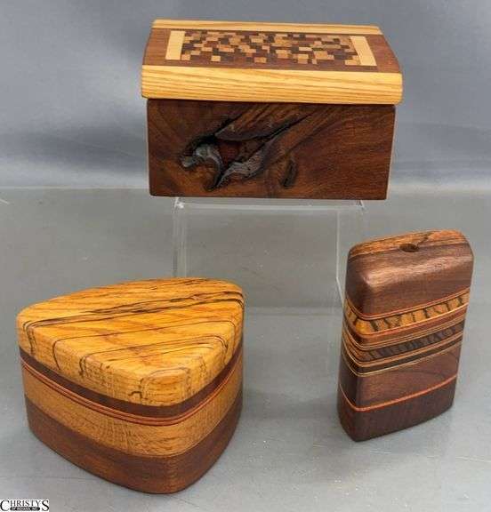 3 Artisan Wood Trinket Boxes, Base - 5" x 4" x 3" of largest image