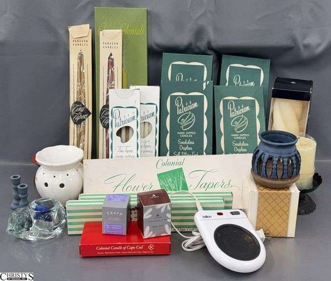 Assorted Taper Candles, Votives, Candle Warmer, Misc - 15.5" approx of largest image