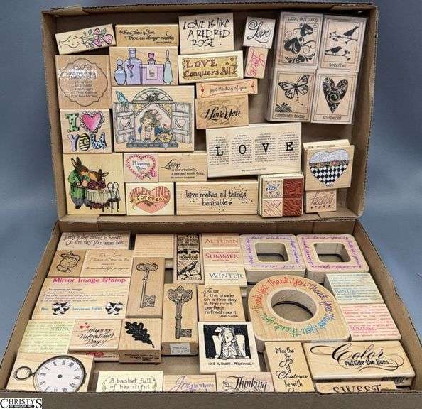 53 Woodblock Rubber Stamps, Love, Inspirational Quotes, Keys, Clocks, Angels image