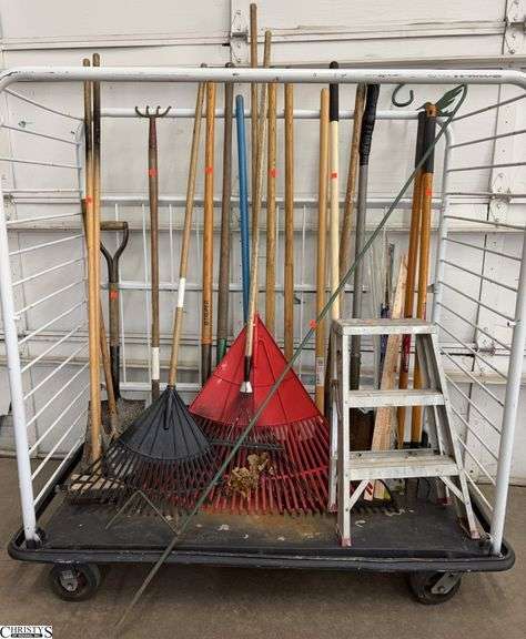 Assorted Long Handled Tools - Rakes, Shovels, Small Step Ladder, Misc - CART NOT INCLUDED image