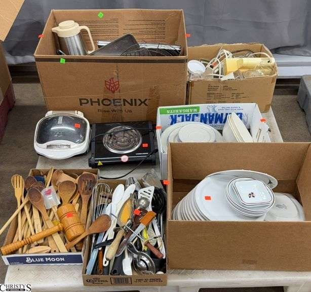 Skid of Kitchen Goods - Kitchen Utensils, Plates, Hand Mixer, Cookie Sheets, Misc - SKID NOT INCLUDED image