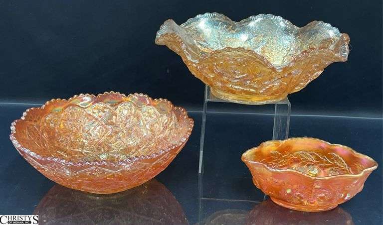 3 Marigold Carnival Glass Bowls - 9" D of largest image