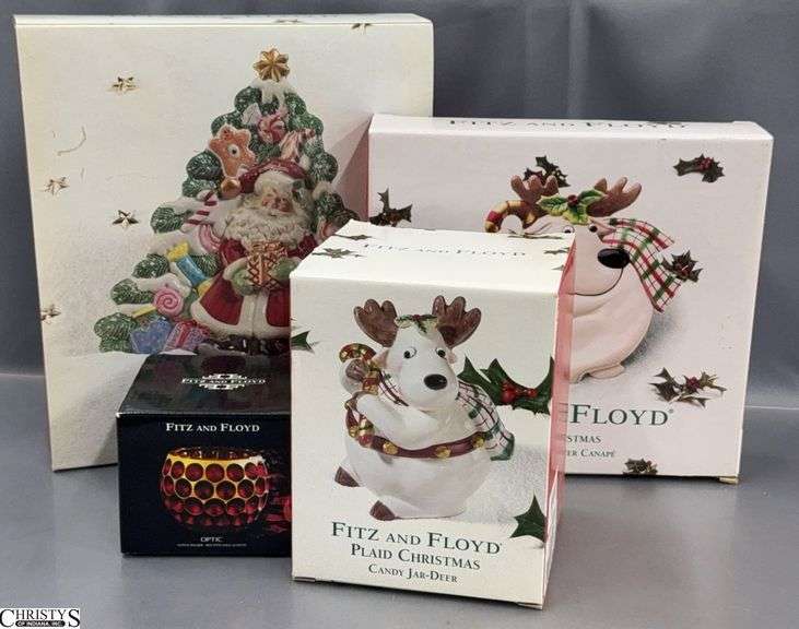 Fitz and Floyd Reindeer Candy Jar, Reindeer Plate, Candy Lane Plate, and Votive Holder - 11" approx of largest image
