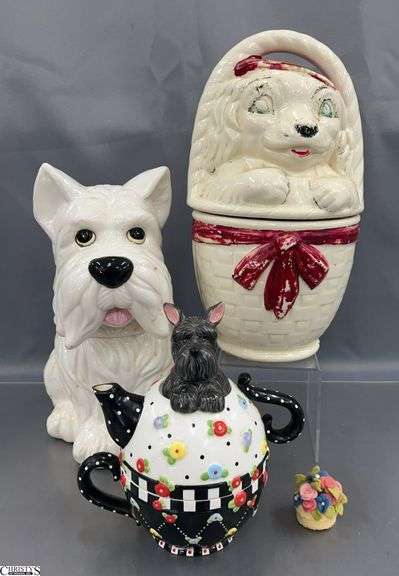 2 Dog Cookie Jars and Dog Teapot Cup - 12" of tallest image