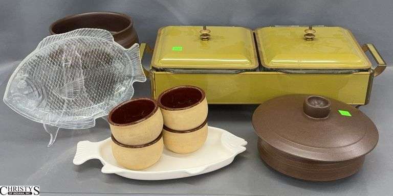 Vintage Chafing Dish, Stoneware Baking Dishes (1 Lid), Fish Plates, Small Bean Pots - 21" x 10" of chafing dish image