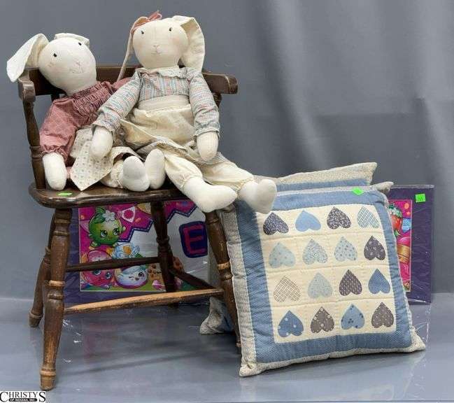 Child's Wooden Chair, 2 Stuffed Bunny Toys, 2 Heart Decor Pillows and an ELLIE Poster Approx. 32" X 10" image
