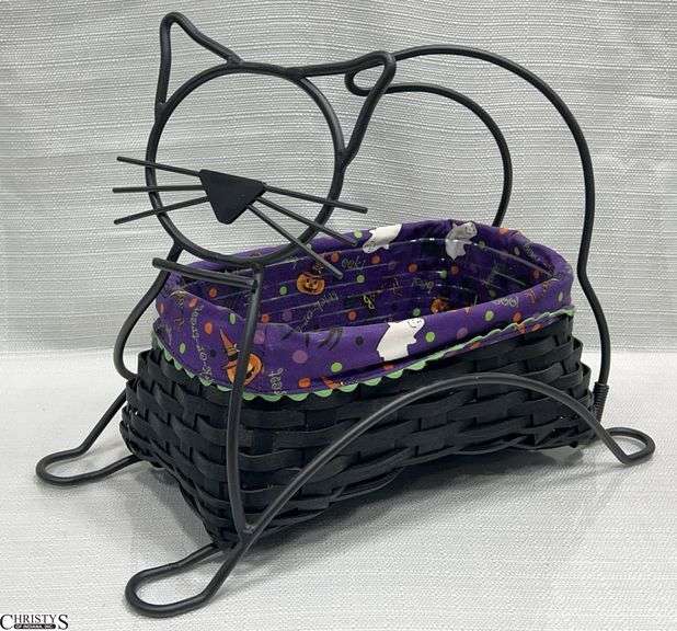 Longaberger Wrought Iron Black Cat Basket with Halloween Liner and Protector image