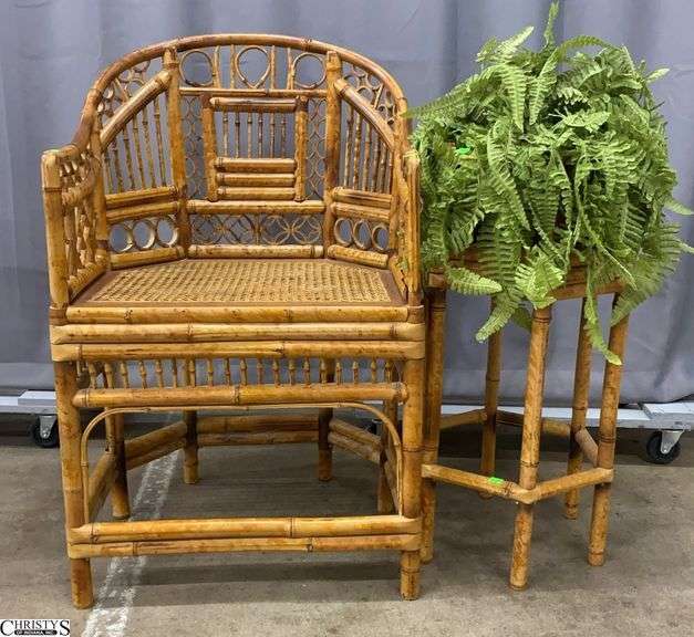 Asian Influence Bamboo Chair and Plant Stand - 22" x 35" - 19" seat of chair image