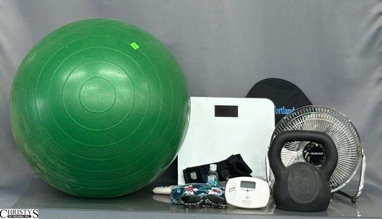 Home Health - Scale, Exercise Ball, Hand Weight, Eye Glasses, Powder Jar, Small Fan - 10" D of fan image