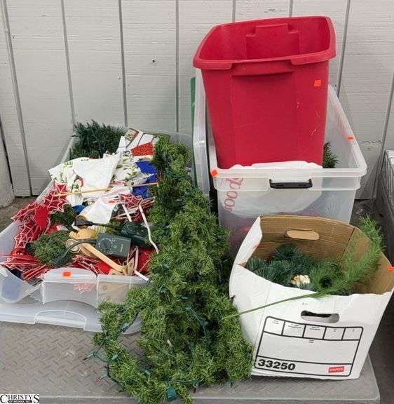 Skid of Christmas Decor - Artificial Greenery, Storage Tote, Light Timers, Misc - SKID NOT INCLUDED image