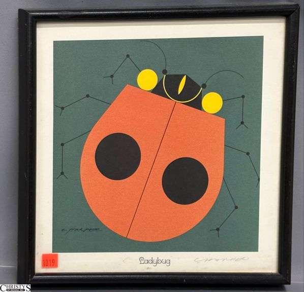 Signed Charley Harper Ladybug Print - 13" x 13" of frame, frame appears loose image