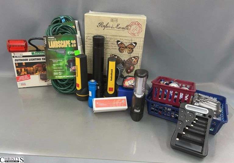 Assorted Batteries, Extension Cords, Flash Lights, Small Storage Box image