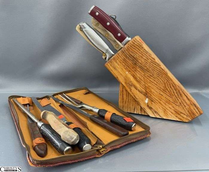 Wood Knife Block and Various Knives, Carving Tools - Flint, Giesser, Forged in Fire, Kitchenaid - 13" of largest image