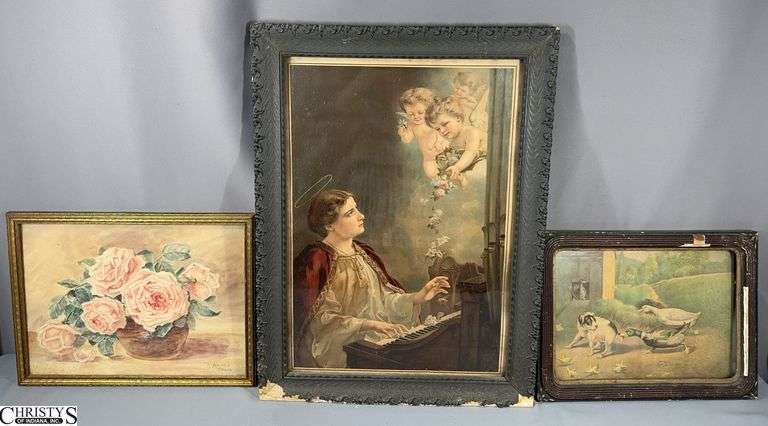 3 Framed Prints- A Floral Dated Nov. 1903 F. Harris ( 17"X 13"), An Unsigned Ducks and Dog Print (16" X 12") on Paper and an Angel Print ( 19" X 26") image