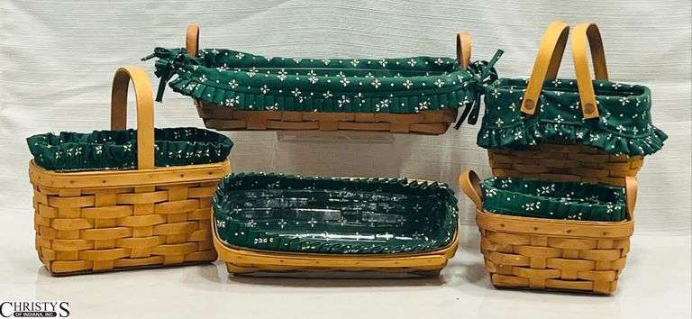 5 Longaberger Baskets with Green/White Liners and Protectors.    Includes the 1999 Cracker Basket, 1996 Small Flower Pot Basket, 1999 Candle Basket, 2000 Little Market and a 1999 Trinket Basket image