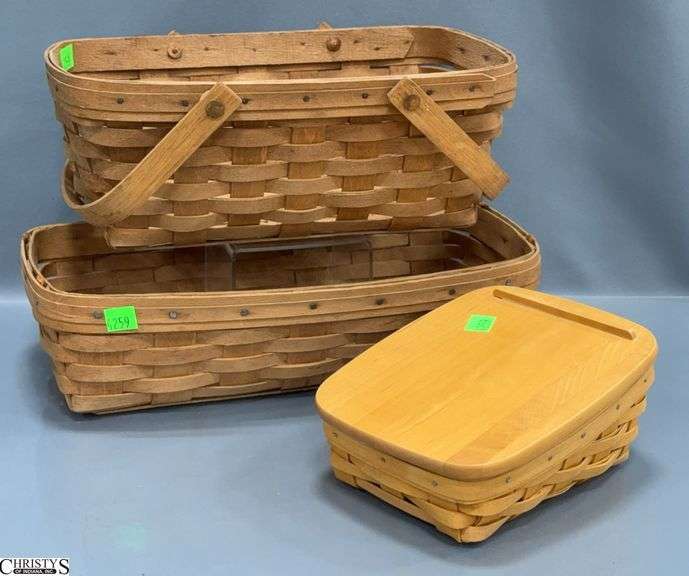 3 Longaberger Baskets.  2000 Note Pal Basket with Lid, 14"X7"X4 Rectangle 1987 Basket, and a 1988 12"X7 1/2"X5" with 2 Handles Basket image