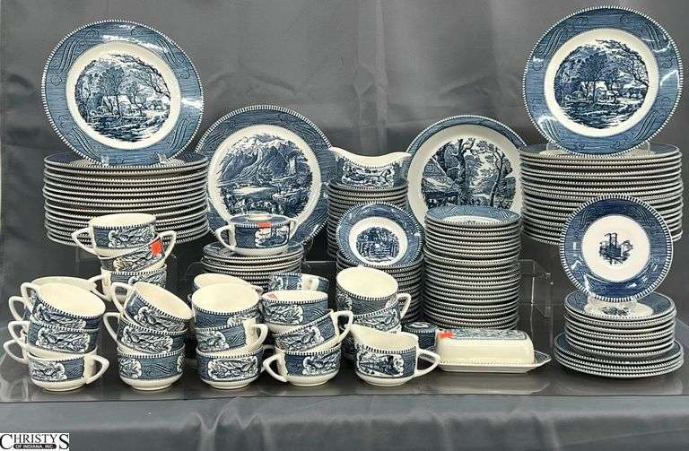 Royal Currier & Ives Blue and White Plates, Saucers, Berry Bowls, Teacups, Service Pieces - Various Scenes - 10" of dinner plate - approx 155pcs - some chipping/crazing image