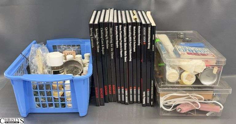 Singer Sewing Books, Black and Decker Home Repair Books, Misc Craft Paints, Calligraphy Pen Pieces, Molding Clay, Glue Gun (Appears to have been stored for some time) image