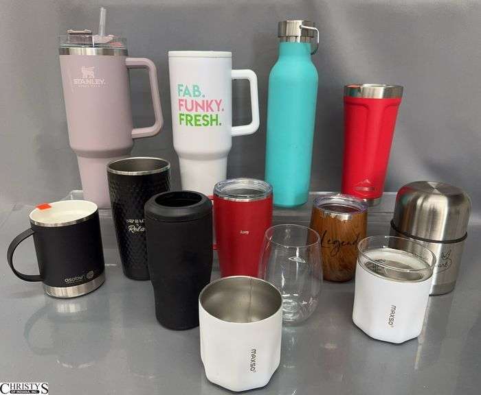 Assorted Travel Mugs, Water Bottles, Small Thermos - Stanley, Swig, and Others - 12" of tallest image