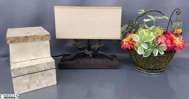 Bird Motif Decorator Lamp, 2 Shell Style Boxes, Artificial Arrangement - 12" x 10" of lamp image