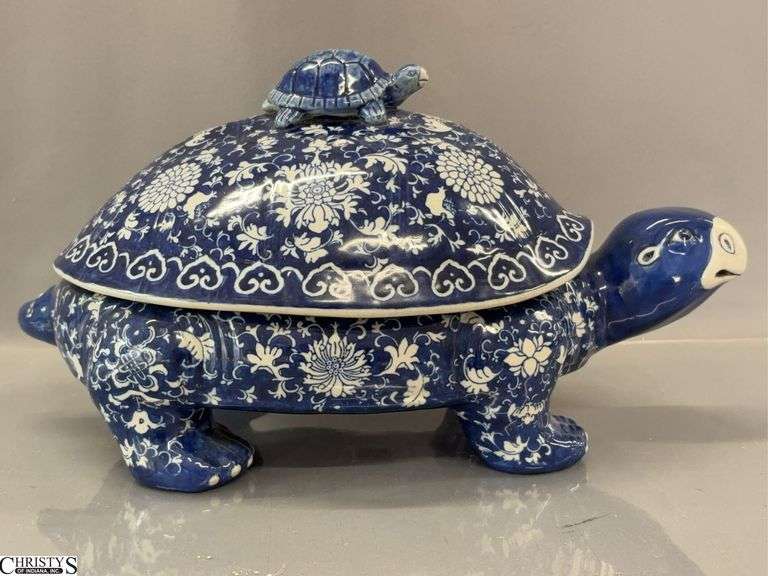 Home Goods Blue and White Ceramic Turtle  15x8" Tall, See Photos image